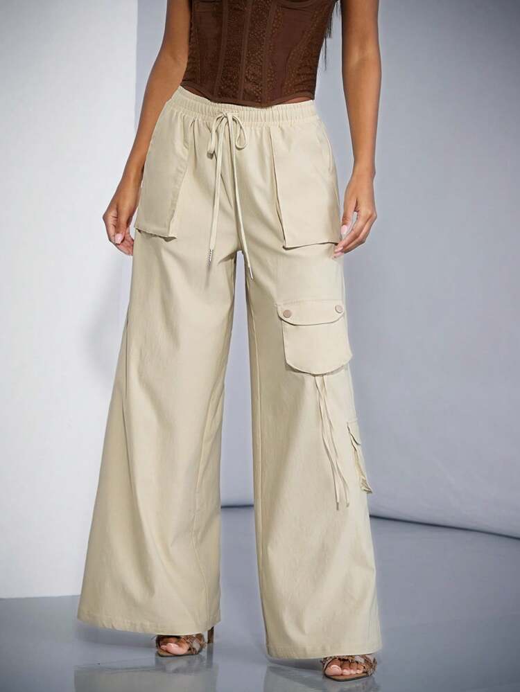 Solid Color Apricot Elastic Waist Cargo Style Wide Leg Pants With 3D Pockets, Low Waist, Perfect As Summer Bottoms, Summer Pants Fashion