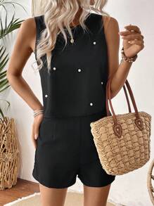 Chiquease Women's Faux Pearl Decor Round Neck Sleeveless Romper - Black - View 5