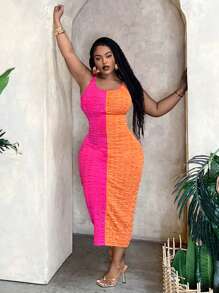 Slaydiva Đầm thường ngày chắp vá co giãn màu sắc cỡ lớn mùa hè - Nhiều màu - Xem 5