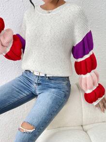 Chiquease Suéter casual holgado de cuello redondo en bloques de color, jersey de punto para otoño e invierno - Multicolor - Ver 4