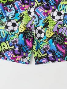 Tween Boy Soccer Printed Swim Trunks With Rock Punk Style Summer Holiday - Multicolor - View 5
