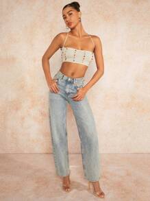 SHEIN BAE 女式背帶繫帶&領繫式短款針織上衣 - 杏色 - 查看 5