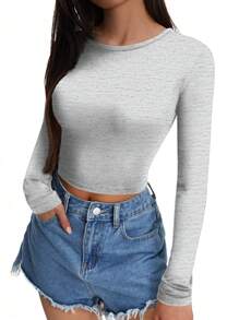 SHEIN Essnce Playera De Manga Larga Y Cuello Redondo Para Mujer, Con Corte Corto