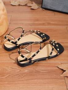 女式防滑方頭平底涼鞋,優雅黑色夏季平底涼鞋 - 黑色 - 查看 5