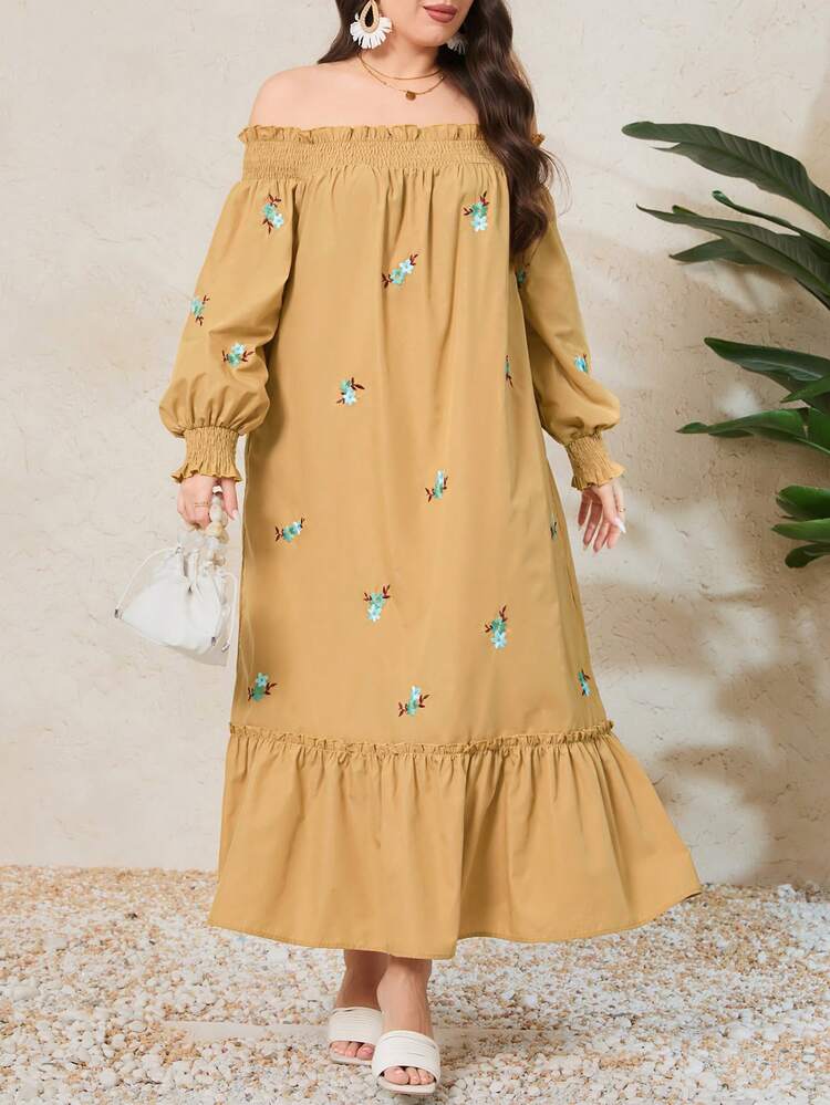 Plus Size Off Shoulder Lantern Sleeve, Shirred Panelled, Ruffle Hem Dress