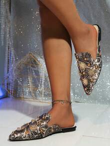 Giày đế bằng được trang trí bằng pha lê mũi nhọn dành cho nữ, Dép thời trang cổ điển thiết kế nửa con la, Giày kiểu dáng bóng & lộng lẫy dát pha lê - Màu be - Xem 7