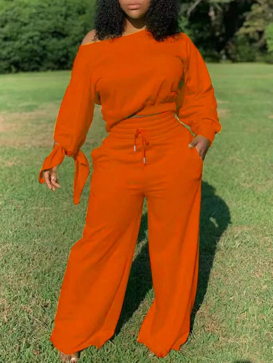 SHEIN Của phụ nữ Màu thuần Không đối xứng Vòng cổ Tay áo dài Áo Và Quần Bộ - trái cam - Xem 1
