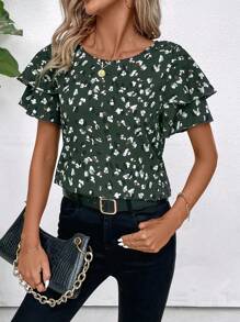 SHEIN Clasi Women's Summer Geometric Print Double Layered Ruffle Sleeve Blouse Music Festival - Dark Green - View 3