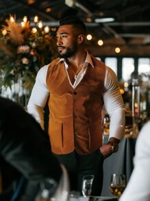 Calvornis Men's Single-Breasted Cargo Pocket Vest - Khaki - View 5