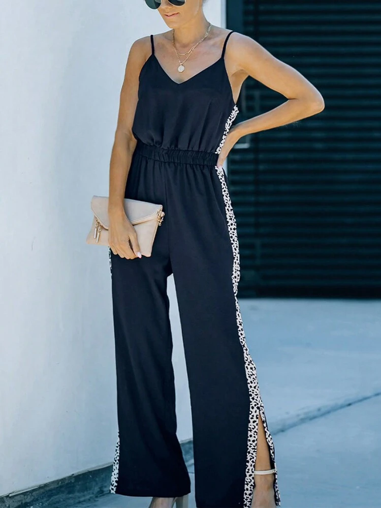 Casual Animal Print Splice Split Halter Jumpsuit