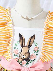 SHEIN Young Girls' Cute And Playful Rabbit Printed Ruffled A-Line Dress With Ruffle Trim For Spring And Summer - Yellow - View 5
