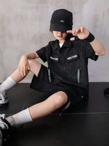 SHEIN Cậu bé Tween Túi có nắp & Lủng lẳng Thắt lưng Cargo Áo sơ mi Và Bộ quần short - màu đen - Xem 7