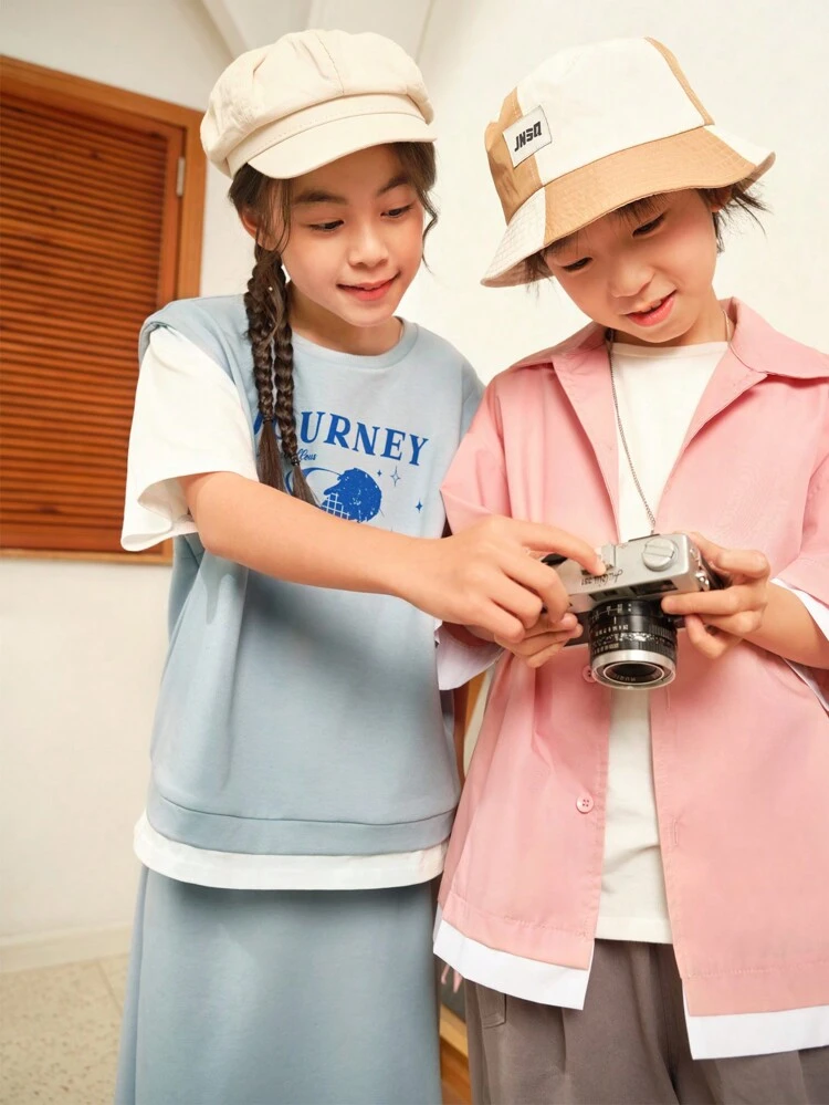 Tween Girls' Loose Casual Color Block Patchwork Two-Piece Outfit