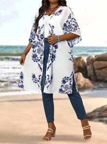 EMERY ROSE Plus Size Women'S Relaxed Fit Casual Jacket With Printed Graphics For Summer Winter Fall Autumn - Blue and White - View 3