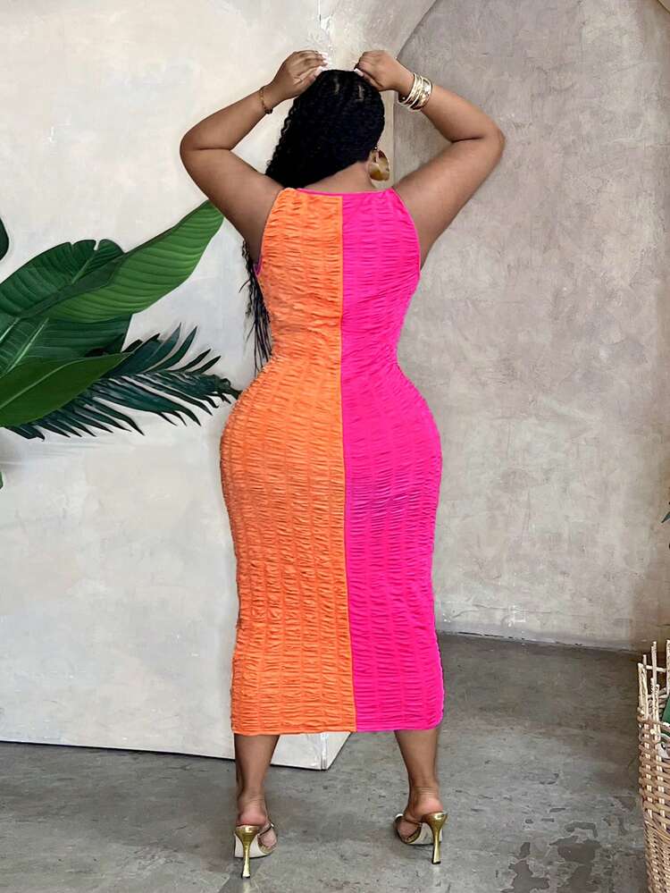 Slaydiva Đầm thường ngày chắp vá co giãn màu sắc cỡ lớn mùa hè - Nhiều màu - Xem 3