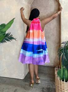 Slaydiva A 字大尺碼女式拼色掛脖花卉印花連身裙 - 彩色 - 查看 4