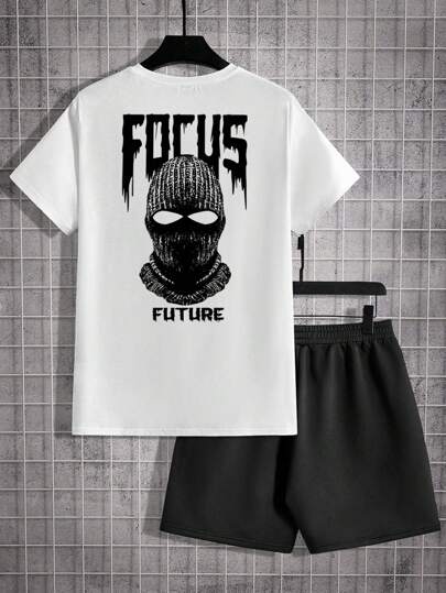 Manfinity LEGND 男士帽飾字母印花短袖t恤和短褲2件套裝