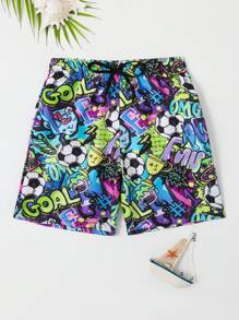 Tween Boy Soccer Printed Swim Trunks With Rock Punk Style Summer Holiday - Multicolor - View 1