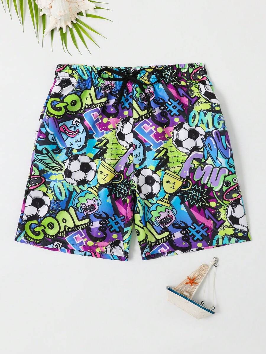 Tween Boy Soccer Printed Swim Trunks With Rock Punk Style Summer Holiday - Multicolor - View 1
