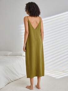 Ocili Leisure Silky Soft Deep V-Neck Camisole Home Wear Dress-Green Holiday Season