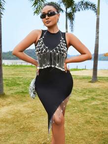 Zolique Women's Faux Pearl Necklace Halter Neck Tank Top - Silver - View 6