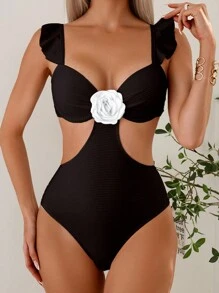 SHEIN Swim Färgblock Trendigt: Utskurna Detaljer 3D Blomma Detalj Älskling Nacklinje One Piece Baddräkt - Svart - Visa 5