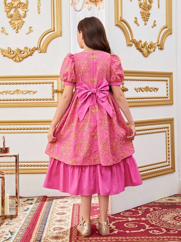 Tween Girls' Adorable Embroidery Patchwork Hem Bubble Sleeved Dress With Round Neckline