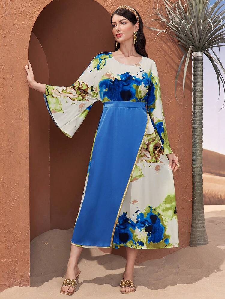 Women's Elegant Printed Dress With Oversized Sleeves Fall Cloth For Women