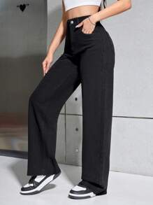SHEIN Frenchy Ladies' Solid Color Denim Trousers With Pockets