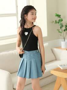 SHEIN 少女針織愛心印花背心上衣和牛仔裙 - 彩色 - 查看 3