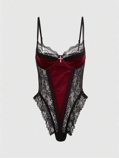 ROMWE Women's Sexy Gothic Bodysuit With Cross Accessory, Velvet & Lace Material, Boned Lingerie, For Valentine's Day