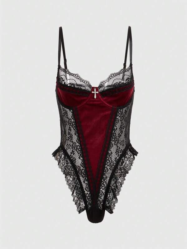 ROMWE Goth Women's Sexy Gothic Bodysuit With Cross Accessory, Velvet & Lace Material, Boned Lingerie