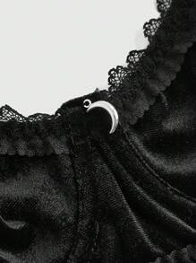 ROMWE Goth 女性哥德風格毛絨和蕾絲月亮項鍊bralette套裝,黑色 - 黑色 - 查看 4