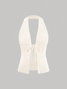 SHEIN Unity Solid Color Strappy Halterneck Knitted Top - Beige - View 1