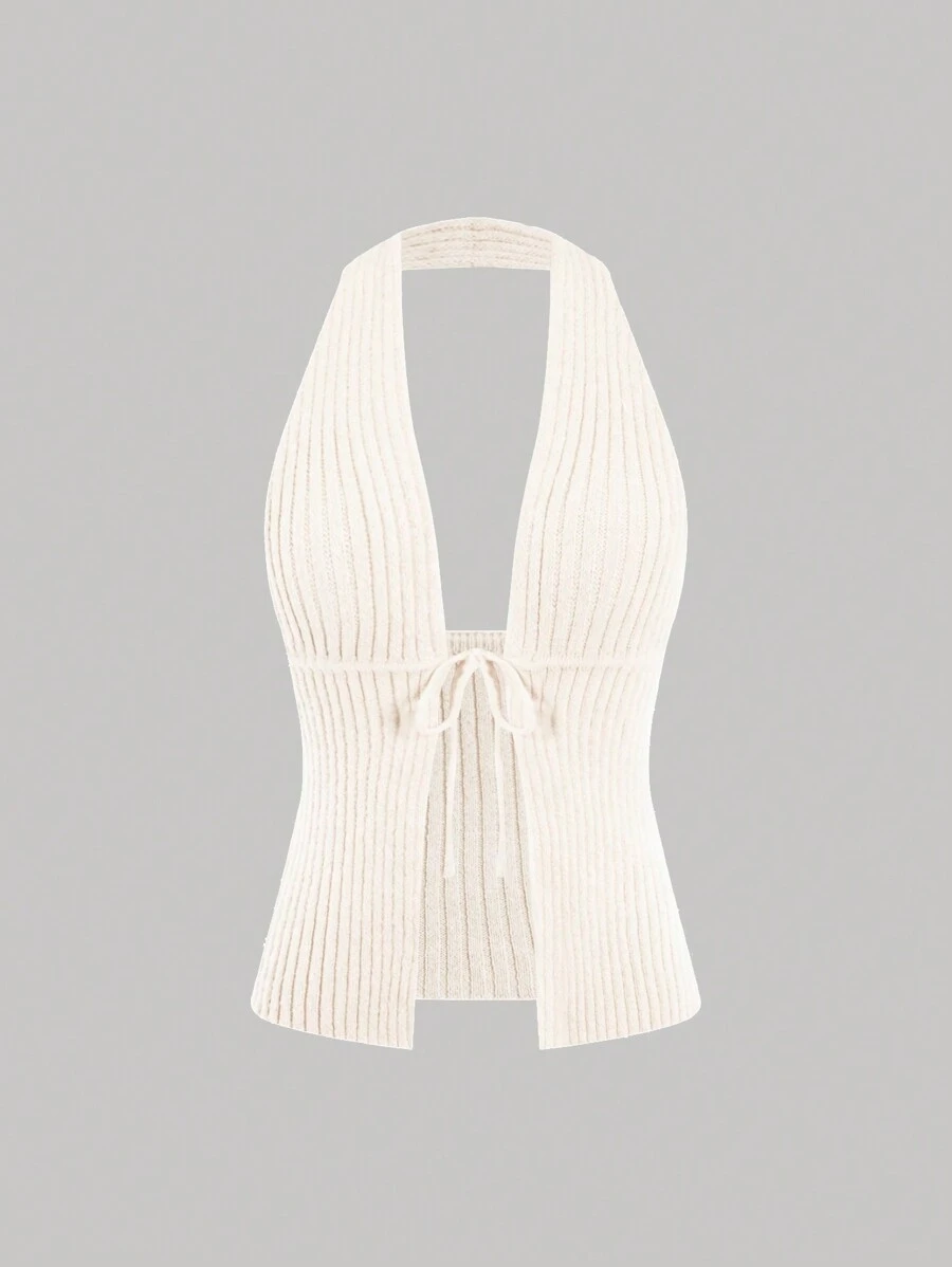 SHEIN Unity Solid Color Strappy Halterneck Knitted Top - Beige - View 1
