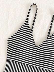 青春期女孩條紋連體泳衣,配有蝴蝶結裝飾,適用於夏季游泳、沙灘 - 黑與白 - 查看 3