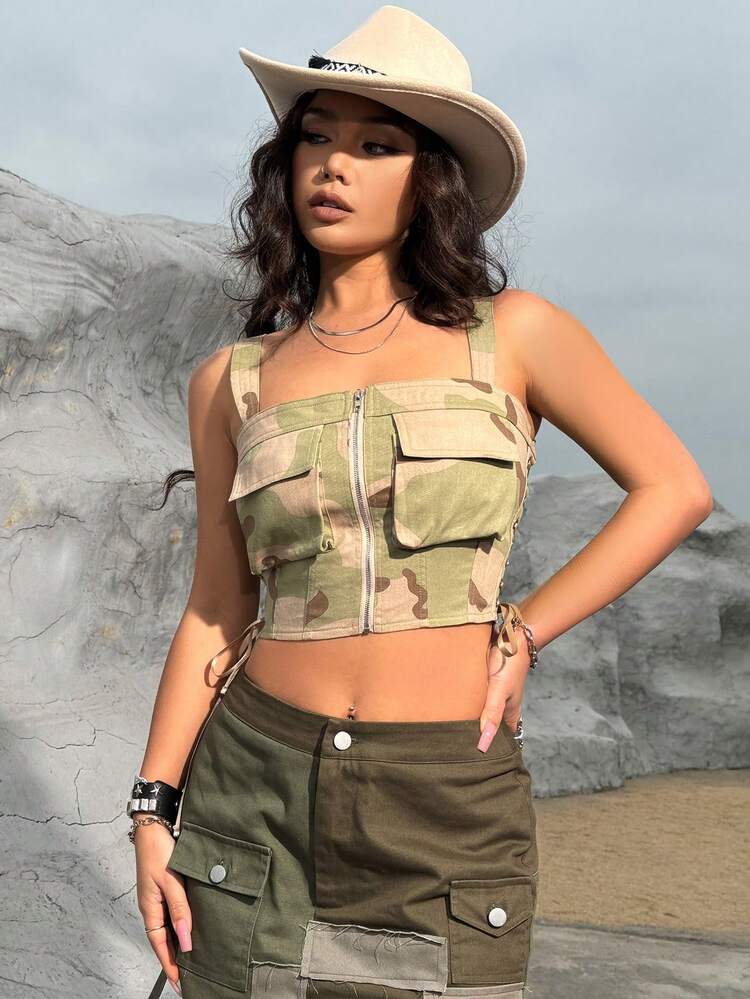 Women's Fashionable Cool Camouflage Print Crop Top With Pocket