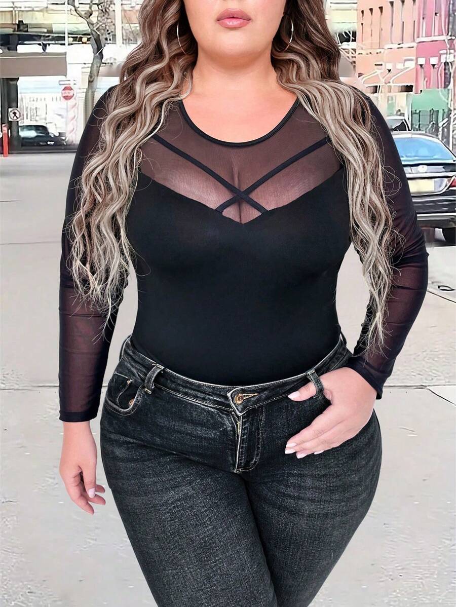 SHEIN LUNE 大碼網紗拼接肩部前交叉上衣 - 黑色 - 查看 1