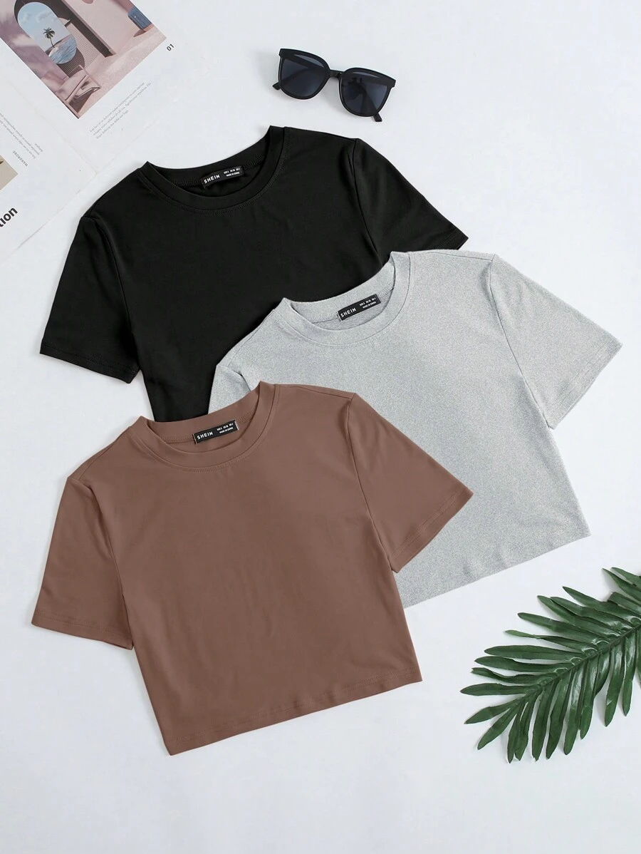 SHEIN Unity Women's Solid Color Round Neck Cropped T-Shirt - Multicolor - View 1