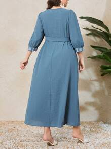 Mulvari Plus Size Women's Embroidered Square Neck Arabian Clothing - Blue - View 2