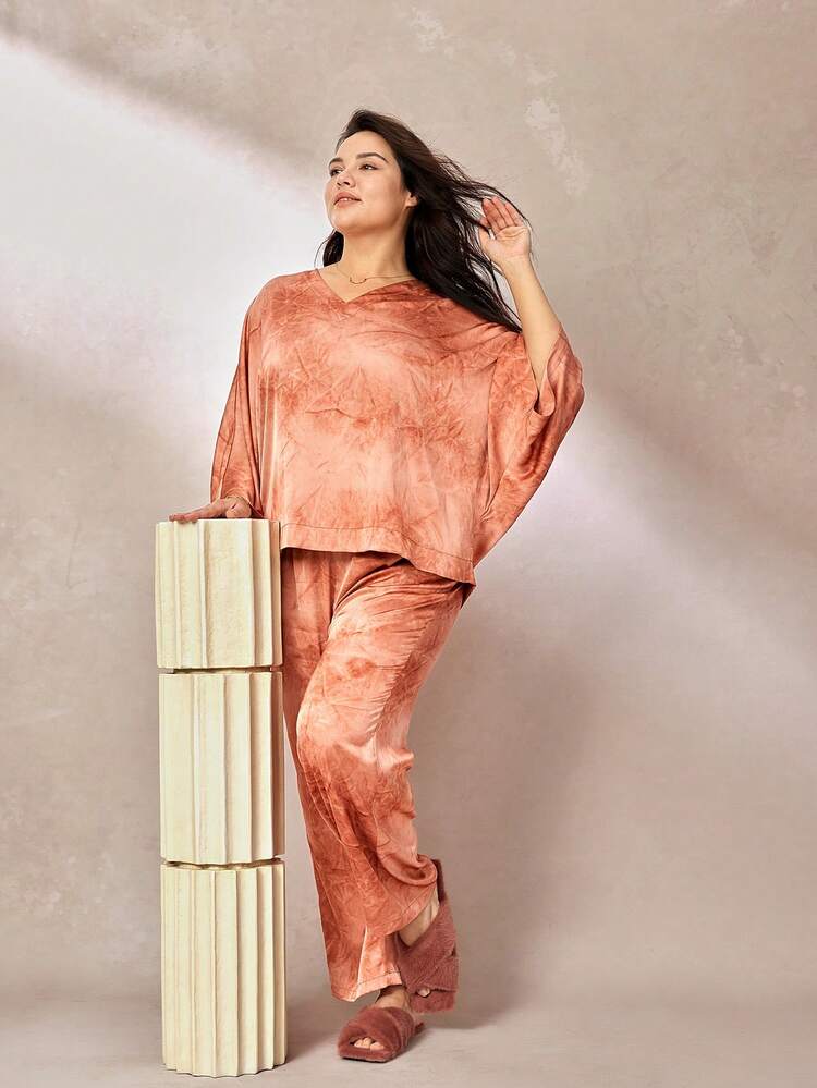 Women Vacation Plus Satin Tie-Dye Batwing Sleeves Long Pajama Set Lounge Set Lingerie As Outerwear