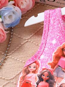 SHEIN Tween Girl Letter Cartoon Printed Round Neck Tank Top And Flared Pants Set - Multicolor - View 3