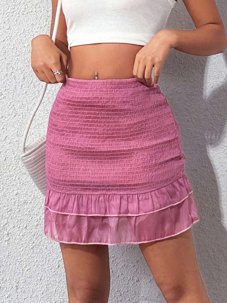 Sweet Style Solid Color Wrap Ruffle Hem Bodycon Skirt