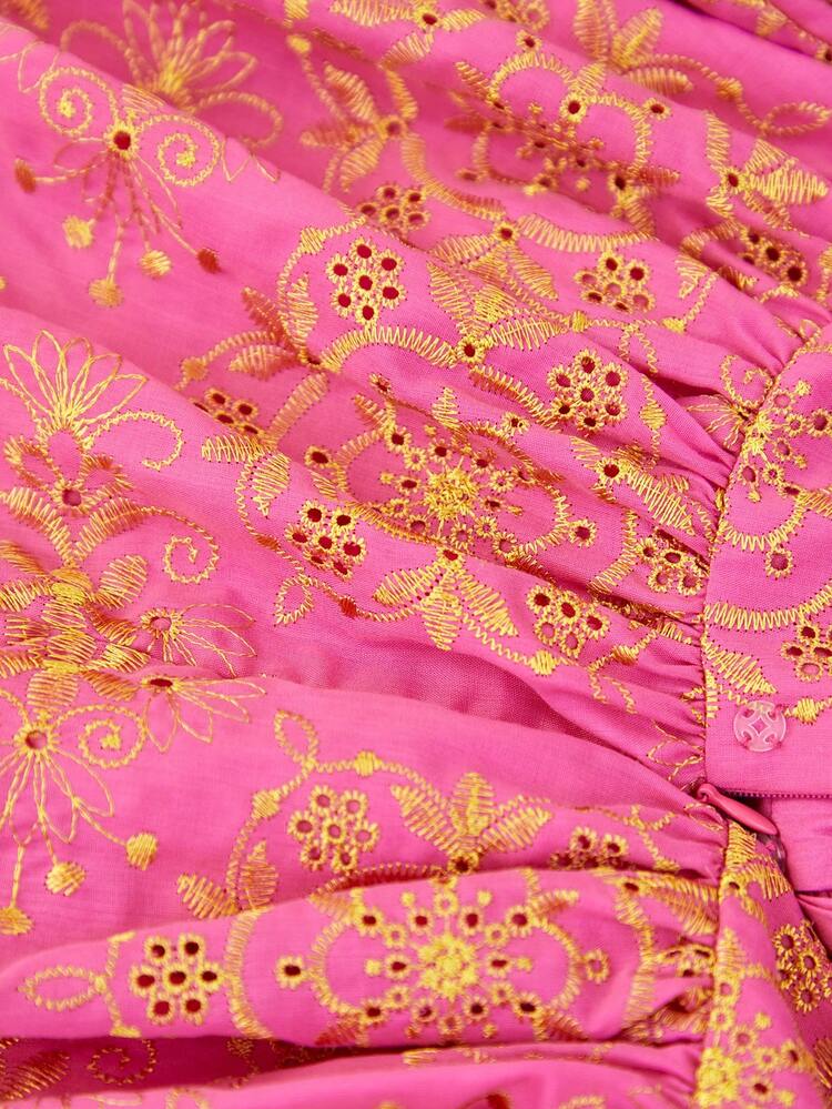 Tween Girls' Adorable Embroidery Patchwork Hem Bubble Sleeved Dress With Round Neckline