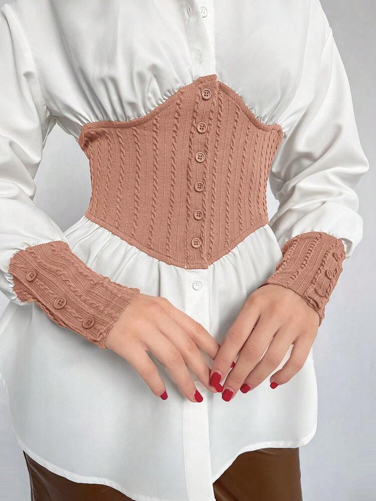 Color Block Waist Tie Front Buttoned Long Sleeve Shirt