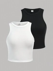 SHEIN Girlism 少女针织纯色个性翻领弧度休闲背心 2 件套 - 彩色 - 查看 1