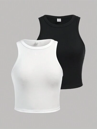 SHEIN Girlism Teen Girl Knitted Solid Color Personalized Turnover Radian Casual Tank Top 2pcs/Set