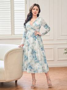 DAZY Elegant Floral Wrap Tea-Length Dress With Belt For Women, Fall Dress Long Sleeve Dress Easter Dress - Blue - View 7
