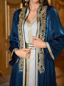 Women's Elegant Embroidery Patchwork Long Robe Robe - Blue - View 3