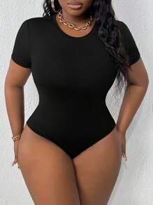 Slaydiva Plus Size Casual Basic Round Neck Short Sleeve Bodysuit Set